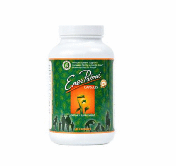 EnerPrime superfood capsules bottle with green label and white lid