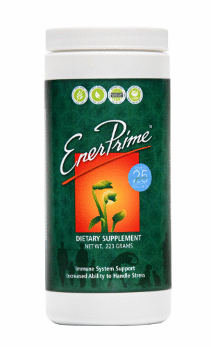 EnerPrime superfood powder container with green label and white lid